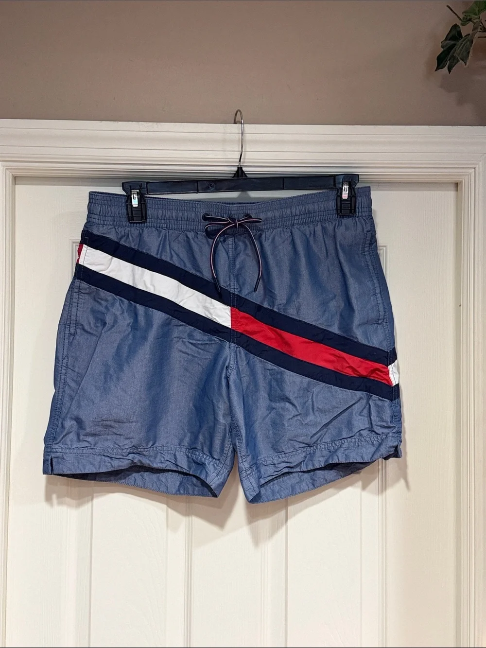 Tommy Hilfiger Men’s Blue Swim Trunks with Red & White Diagonal Stripe